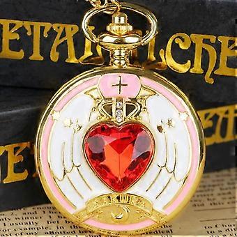 Golden Girly Style Pink Crystal Inlaid Quartz Pocket Watch Ladies Children Necklace Chain Moon Pocket Fob Watches Pendant Gift