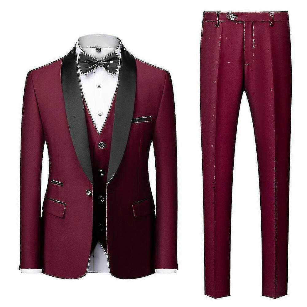 New Men's Shawl Collar Red Collar Single Button Suit Three-piece Suit (jacket + Vest + Pants)