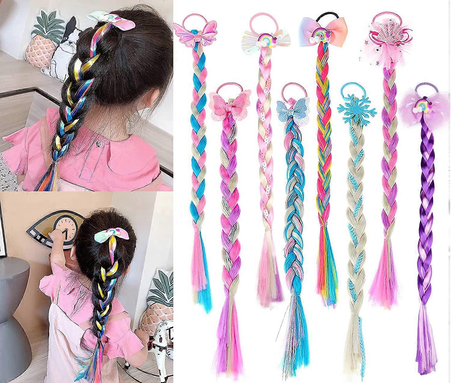 8 Pieces Colored Braids Hair Extensions with Rubber Bands Ponytails Hair Bows Rainbow Color Synthetic Hairpieces Glitter Braided Hair Extensions for W