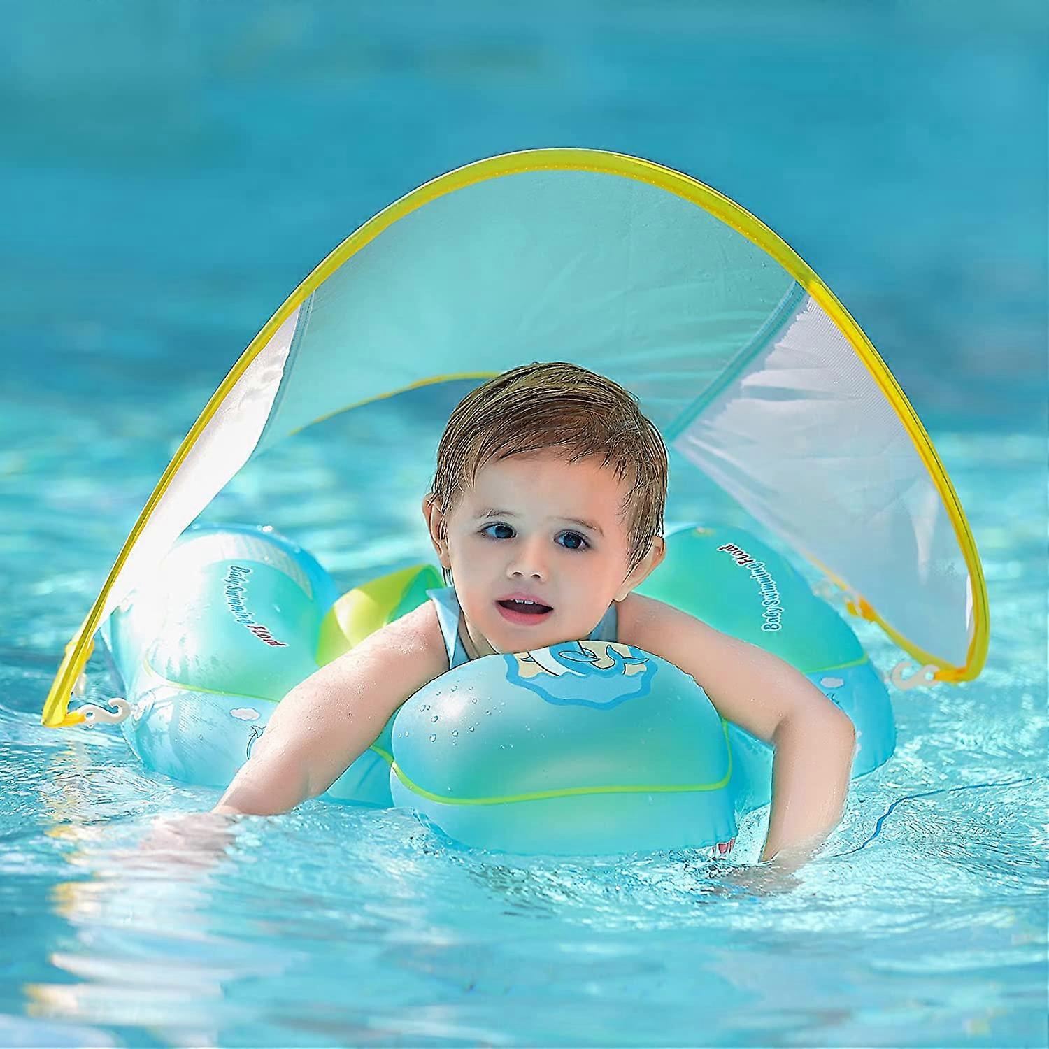 Inflatable Baby Swimming Float with Bottom Support and Retractable Fabric Canopy for Safer Swims(Yellow, Large)
