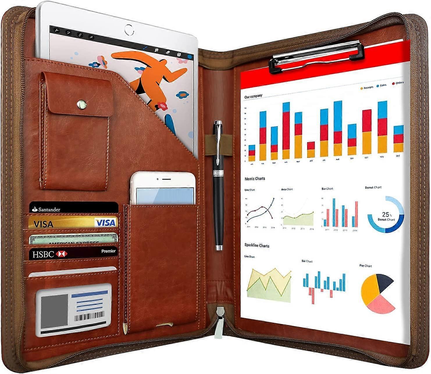 Leather Zipper Conference Folder, A4, Travel Document Folder, Portfolio Travel Wallets, Personal Agend Organizer Folder, Brown, 33,5 * 25 * 3cm