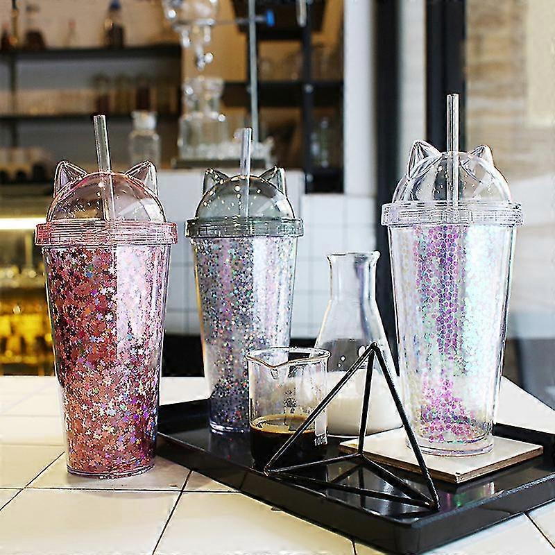 Straw With Glitter Cups Cup Confetti Color -420ml Portable Drinking Water Bottle With Straw Double Layer Straws Water Cups Plastic Drinking Mug