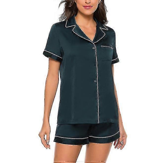Femei de mătase Satin pijamale cu mânecă scurtă Loungewear două piese Sleepwear Button-down Pj Set-verde