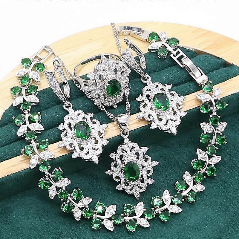 Green Emerald Silver Jewelry set for Women Wedding Party Bracelet Earrings Necklace pendant Ring Birthday Gift