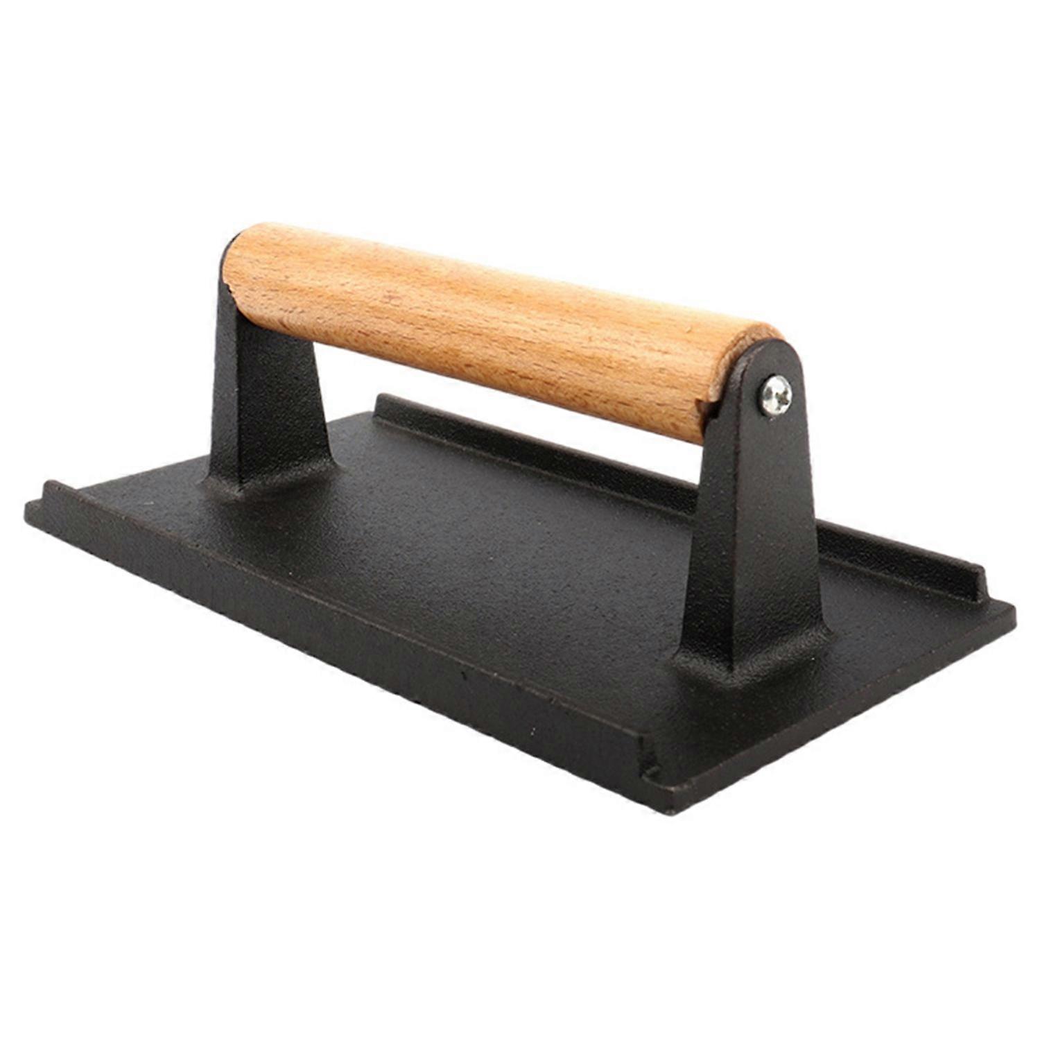 Rectangle Cast Iron Bacon Press with Wood Handle Even-Heat Transfer Healthy Cooking Comfortable Grip