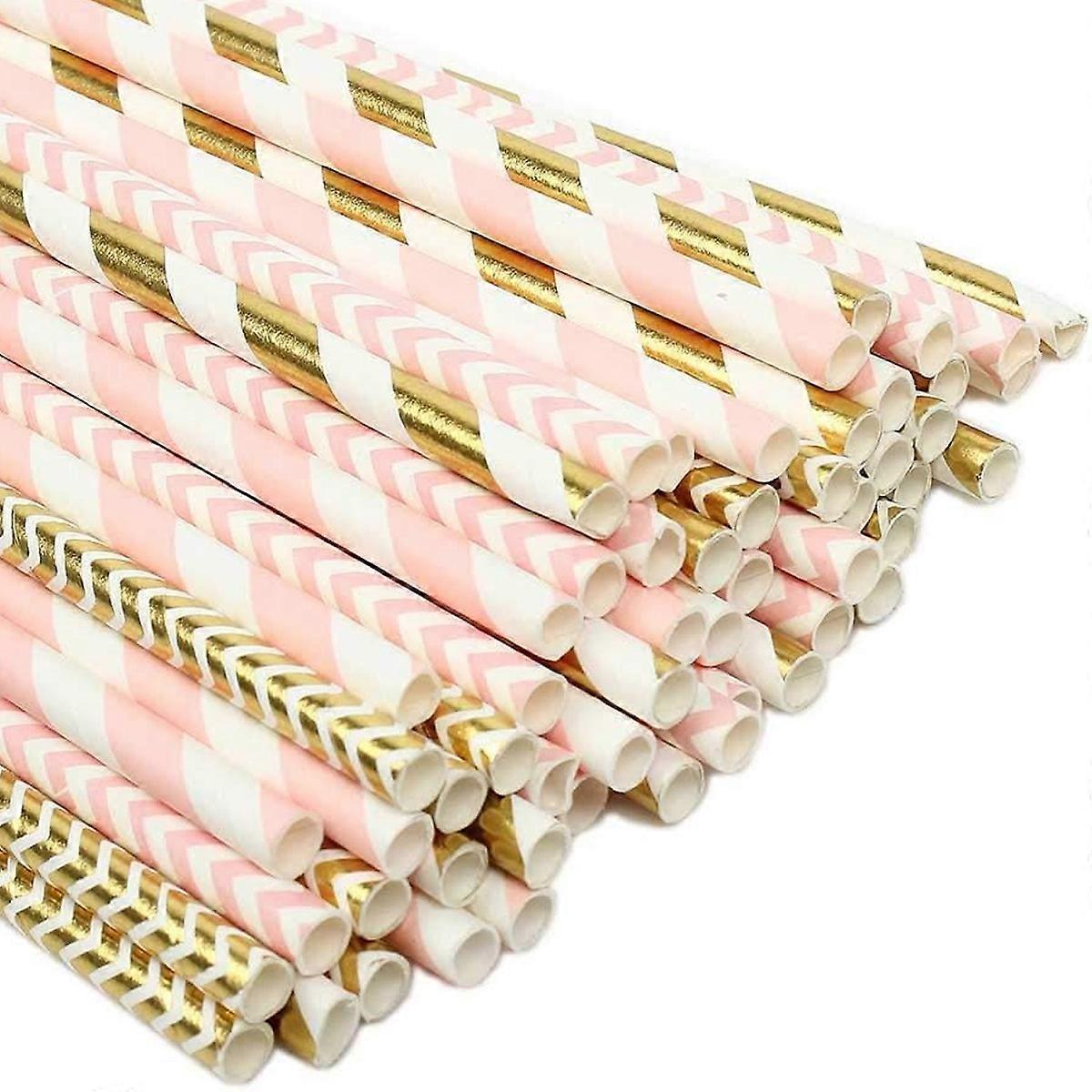 100-Piece Biodegradable Paper Straws, Striped Design for Parties