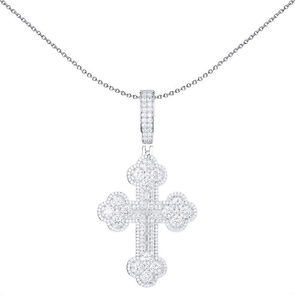 Jewelco London Unisex Rhodium Silver White Baguette CZ Encrusted Greek Baptismal Cross Pendant ½oz