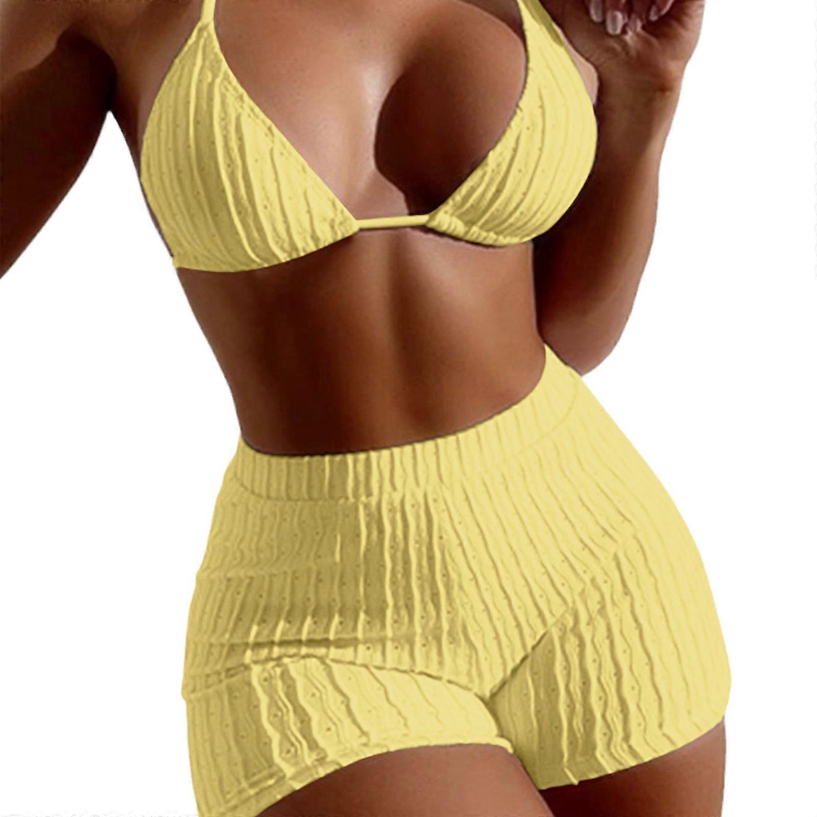Bikinis pour adolescentes, maillots de bain rembourrés, push-up, maillots de bain deux pièces pour femmes, shorts de sport, maillots de bain sportifs, jaune, XL