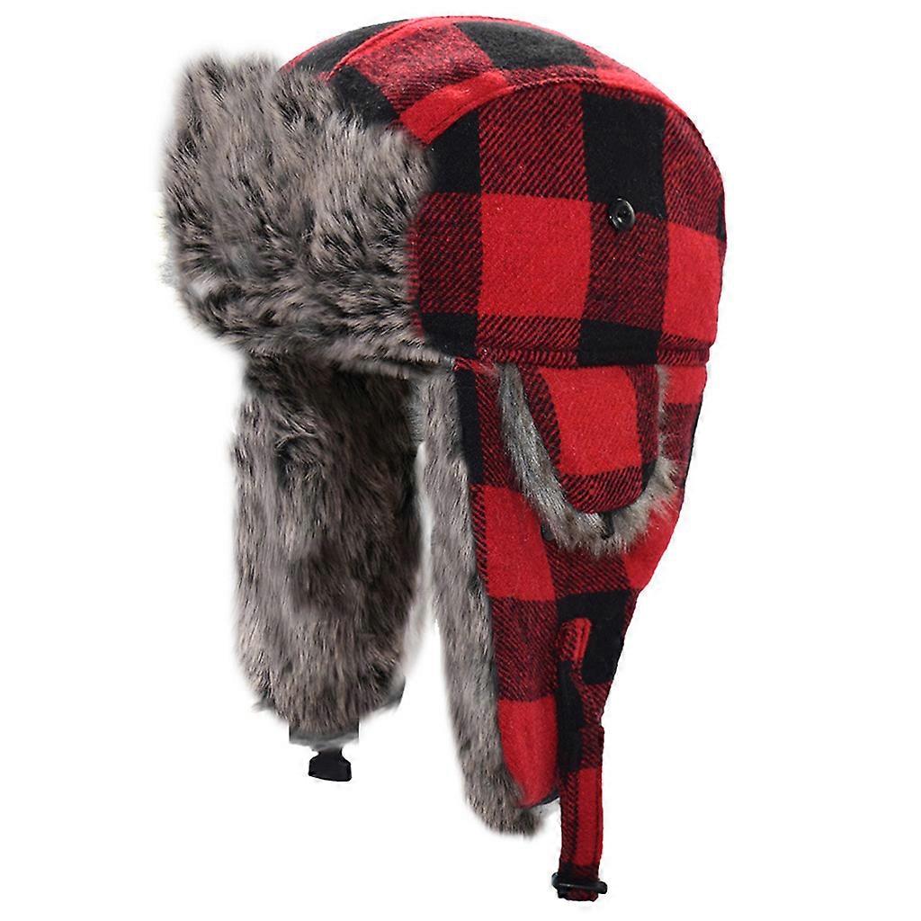 Unisex Winter Trapper Hat Lattice Plaid Print Plush Lined Ushanka Earflap Cap Red black grid