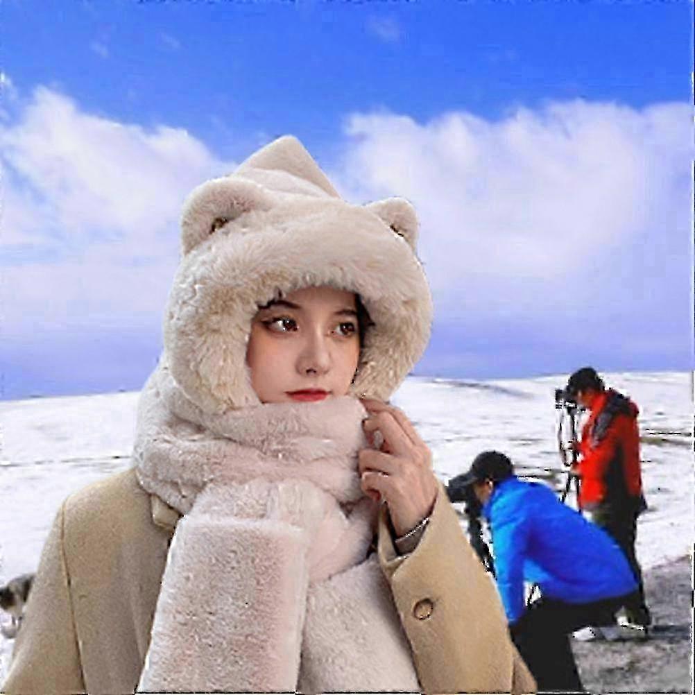 USB Heated 3-in-1 Furry Hoodie Hat Scarf Gloves Set, White/Pink/Brown