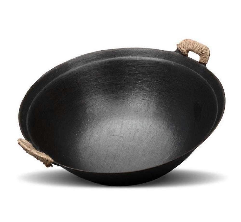 Cast Iron Wok Pan 32CM Traditional Non-Stick Uncoated Wok Double Ear Pig Iron Pot with Wooden Lid for Gas Stovetops