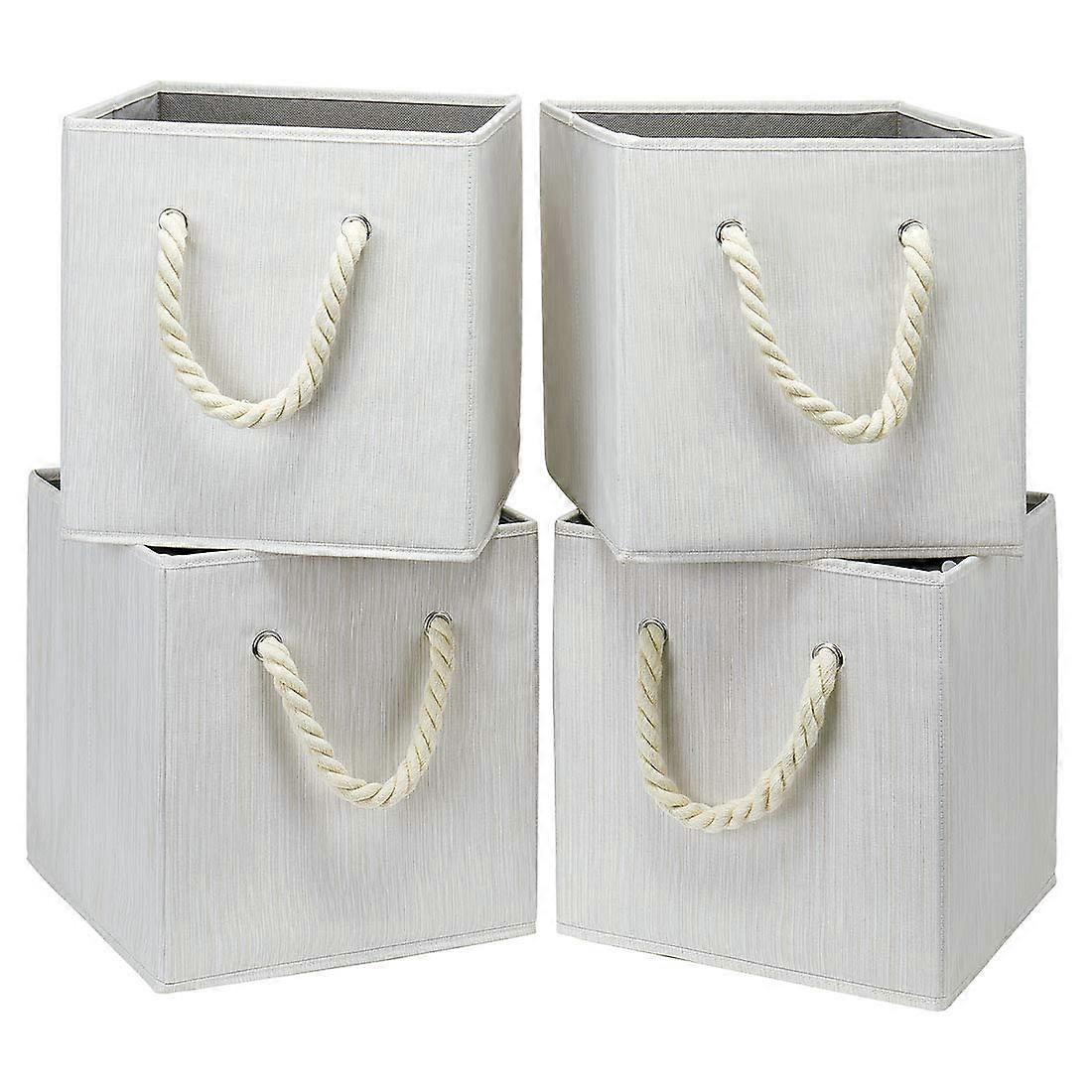 Foldable storage cube boxes beige-white bamboo fabric house office with cotton rope handle