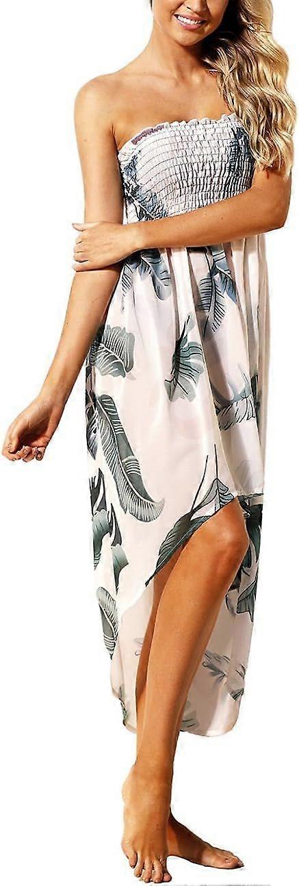 Tropical leaf print wrap-chest beach dress, M