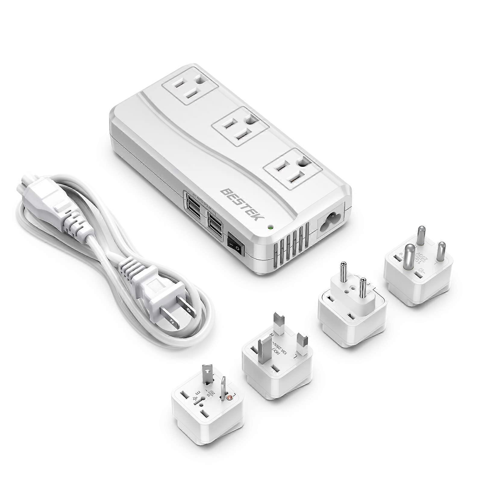 Universal Travel Adapter 220V to 110V Voltage Converter with 6A 4Port USB Charging and UK/AU/US/EU Worldwide Plug Adapter (White)