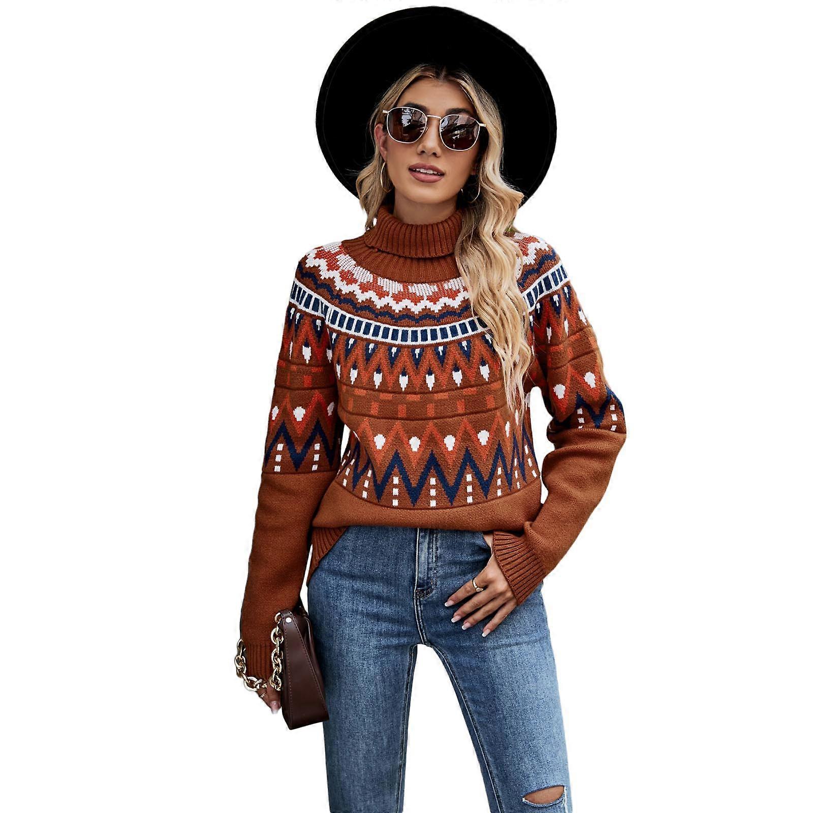Damen Damen Zopfmuster Gestrickt Langarm Pullover Pullover Top Zopfmuster Strickpullover Rollkragenpullover Rostrot XL