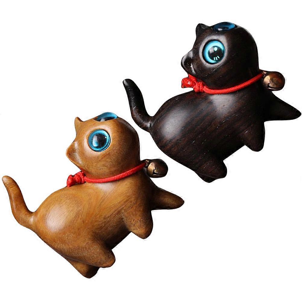 Wooden Cat Statue Miniature Kitten Desktop Decoration Office Decor Simple Design Black Sandalwood present 2Pcs