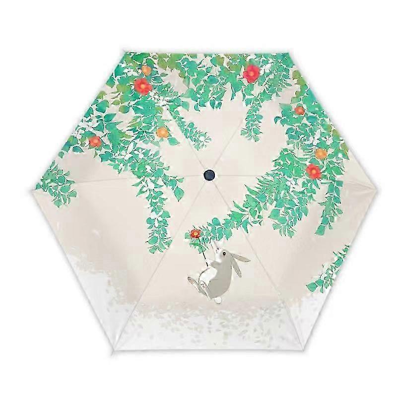 6-rib manual folding umbrella, portable and lightweight pocket umbrella with creative skull design Green Forest Rabbit 6 Bones