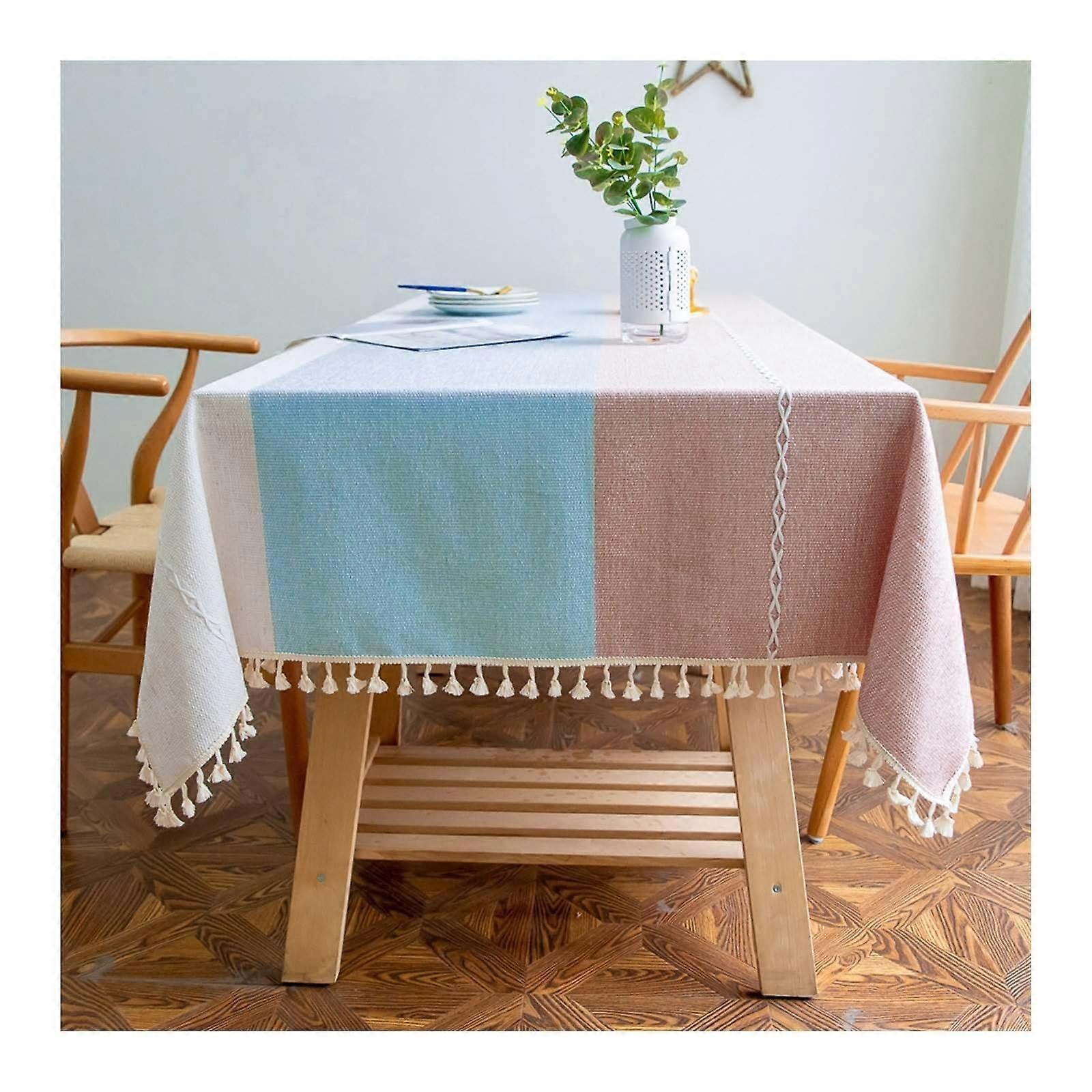 Tablecloth, White, Blue, Red, Stripes with Tassel, 140x220CM