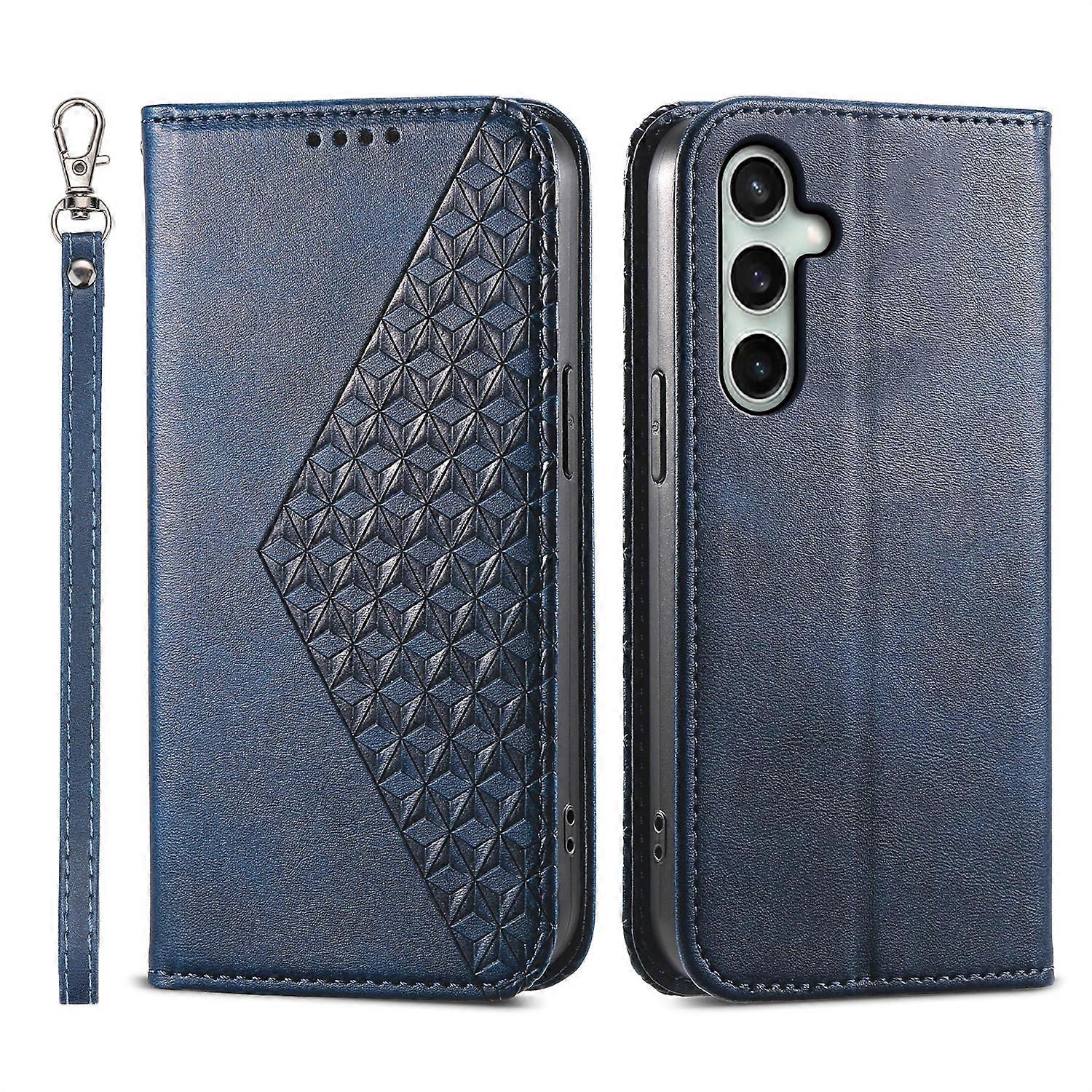 For Samsung Galaxy S25 FE Case Calf Texture PU Leather Wallet Phone Cover with Wrist Strap Blue