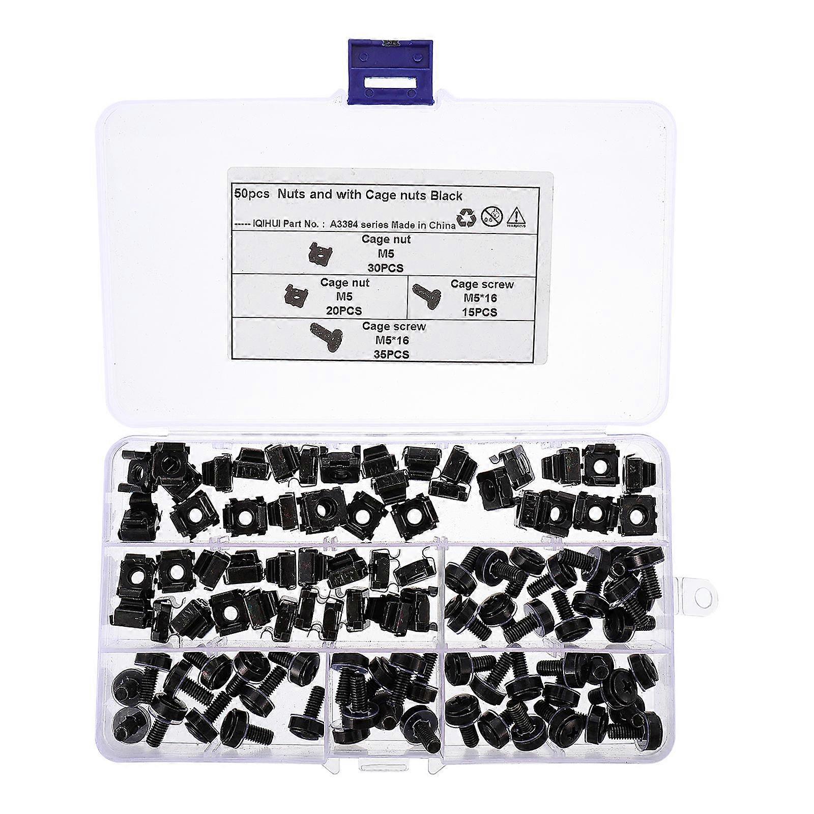 50pcs Carbon Steel Cage Nuts with Mounting Screws – Square Rack Insert Nuts for Server Cabinets – Black Zinc Finish – Efficient Cross Head Design for