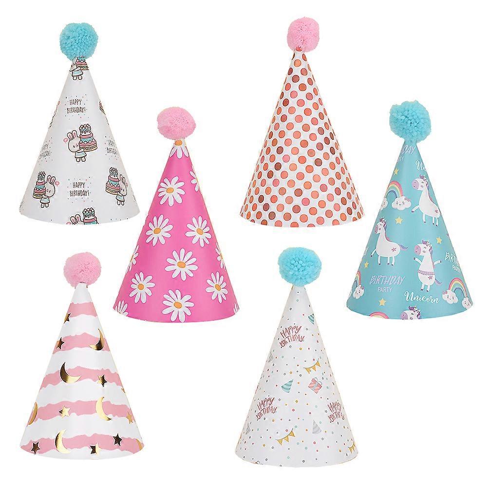 6pcs Birthday Hats with Pom Poms – Fun Party Hats in Assorted Styles for Boys, Family Activities & Decorations