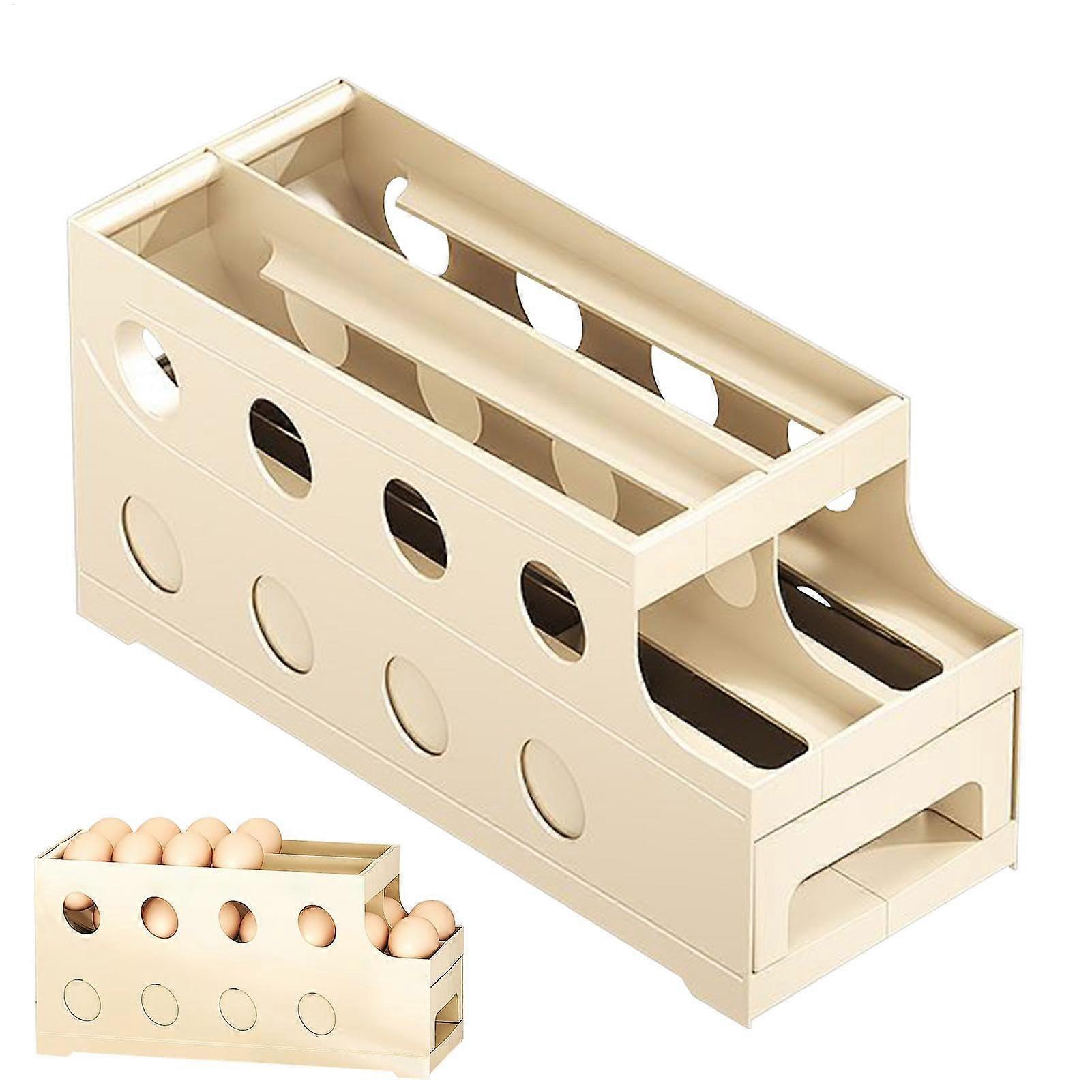 Automatic Rolling Egg Dispenser Beige, Space-Saving Fridge Organizer, Egg Box Holder For Refrigerator Storage