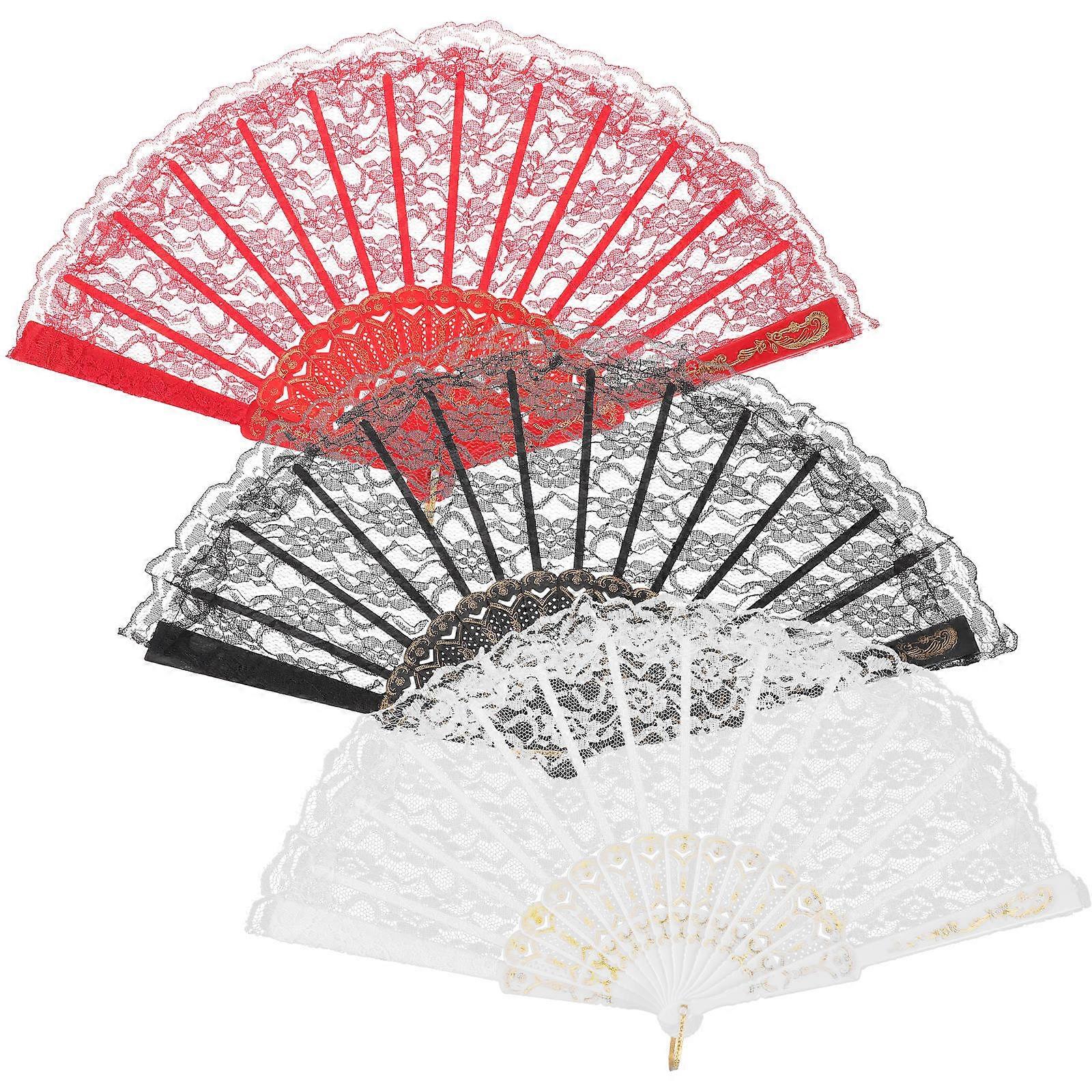 3pcs Elegant Lace Hand Fan Japanese Style Folding Fans for Stage Performance Dancing Party Decoration Black Red White