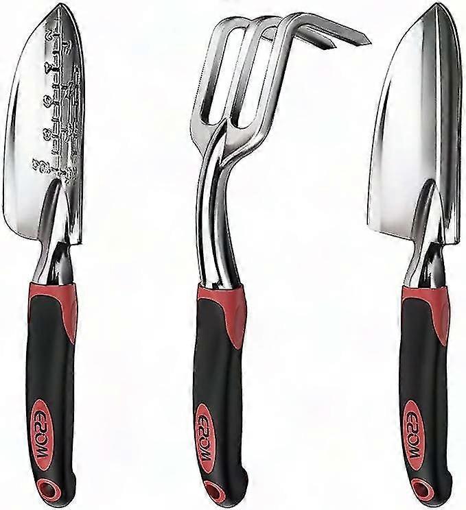 3-Piece Aluminum Garden Tool Set with Transplanter Trowel & Hand Rake, Soft Grip Ergonomic Handle (Cherry Red)