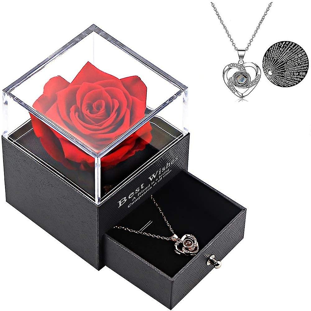 المحفوظة الأحمر الحقيقي روز مع أنا أحبك قلادة في 100 لغة سحر زهرة الهدايا لأمي زوجة صديقة