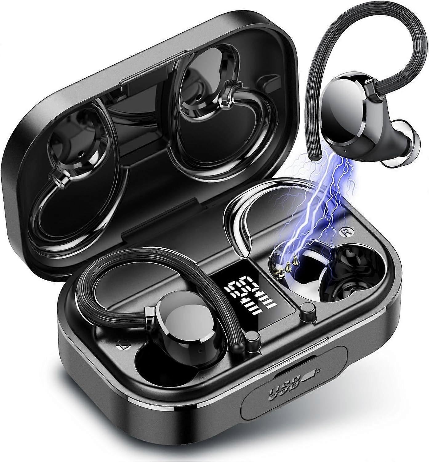 Bluetooth 5.3 wireless headphones with noise-cancelling mic, 120 hours playtime, LED display, IPX7 waterproof for sports and workouts(Black)
