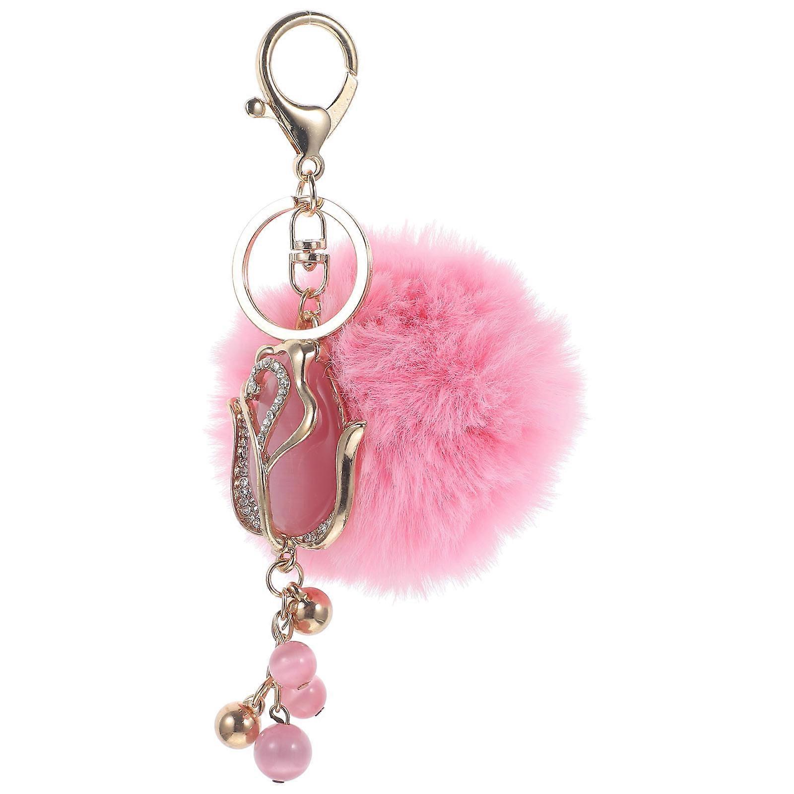 Fluffy Keychain Rhinestone Tulip Plush Pompom Pendant for Decoration 3Pcs