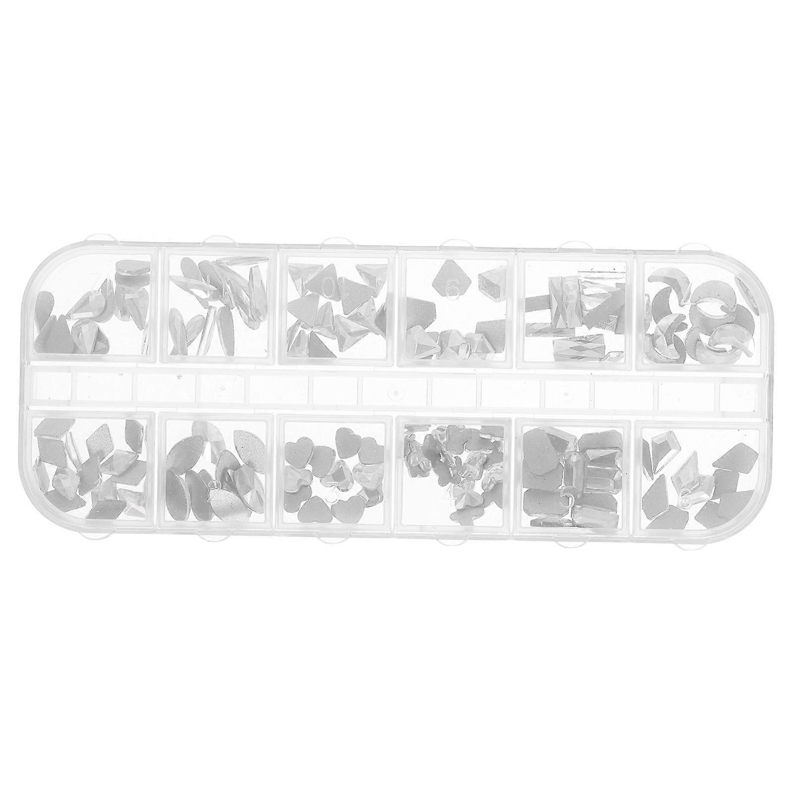 Strass de vidro para caixa de unhas com pingentes de unhas com parte traseira plana, vários formatos com material de vidro prateado e função de decoração de unhas, 1 conjunto
