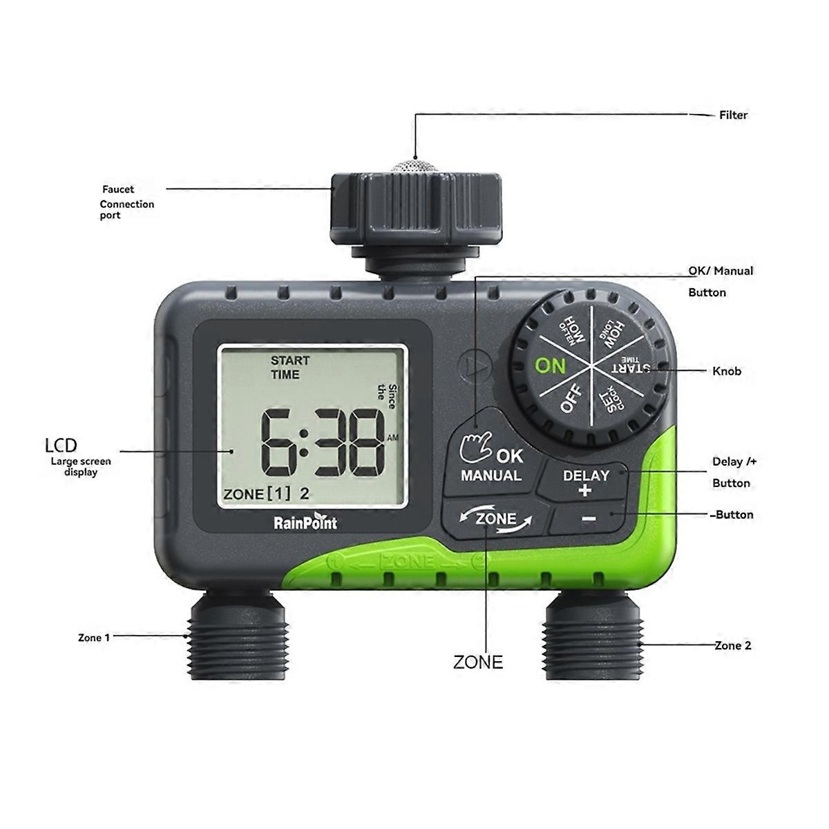 Gartenwasser-Timer Dual-Bewässerung, intelligente Timing-Steuerung, automatisches Bewässerungsgerät mit R