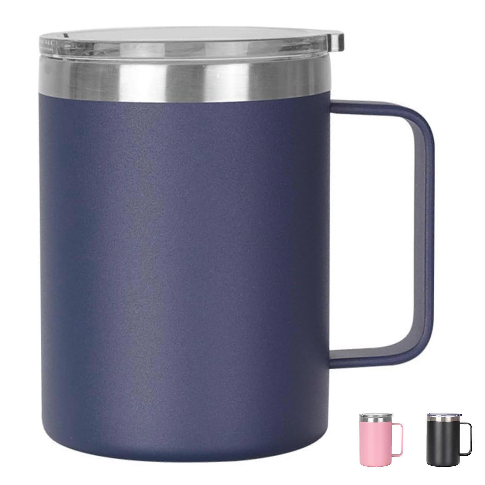 Thermal Mug Insulated Vacuum Stainless Steel With Handle, Sliding Lid, Straw Lid, 16 Oz Blue, Leakproof, Dishwasher Safe