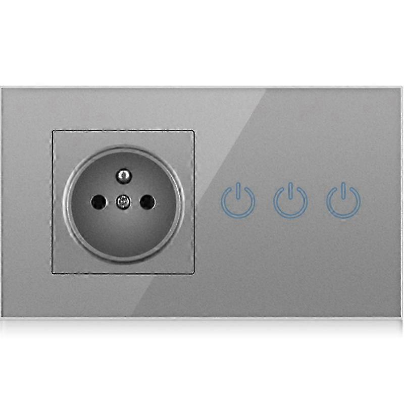 EU Power Outlet Socket Glass Panel Triple Light Touch Switch 100V~250V French Wall Electrical Socket 26s
