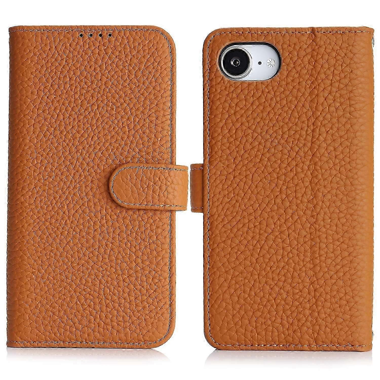 For iPhone 16e Stand Case Litchi Texture Genuine Cow Leather Wallet Phone Cover RFID Blocking - Dark