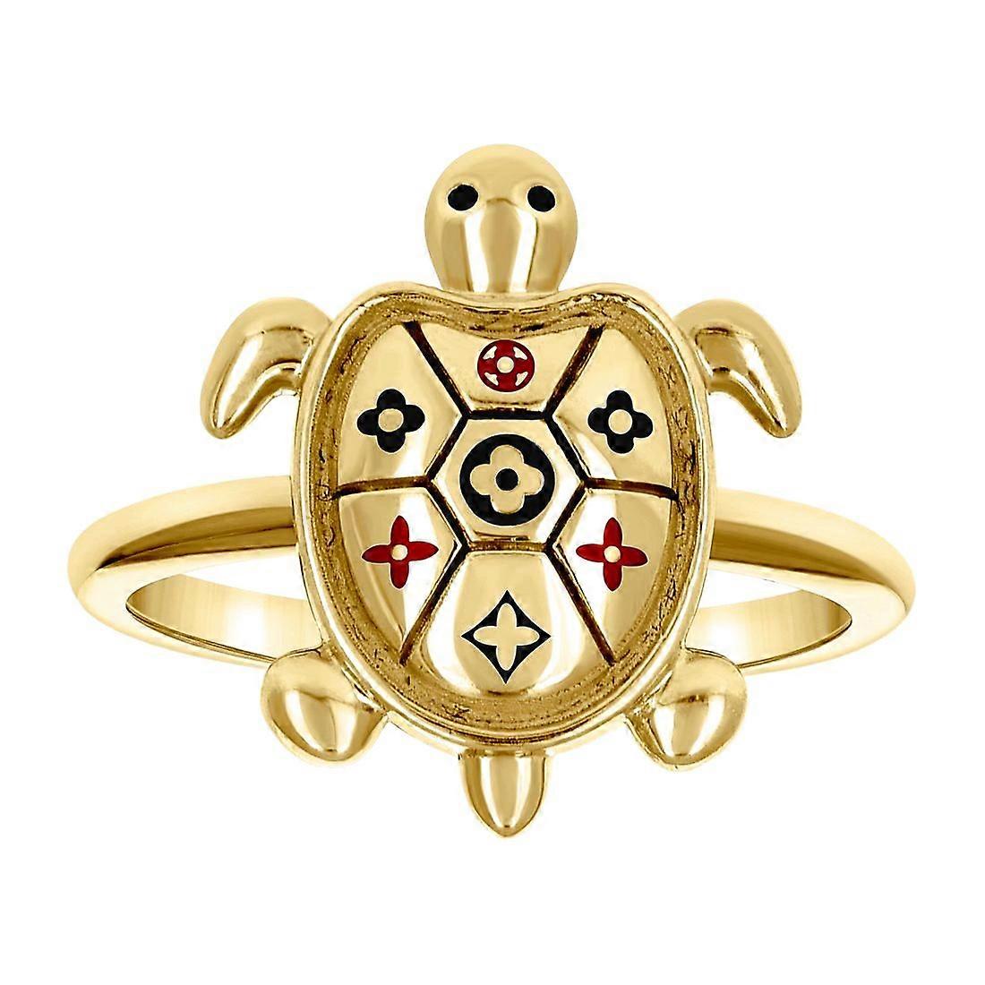 Bague pour femme en or jaune 10 carats, ornée d'un trèfle, d'une tortue et d'un motif marin émaillé. Largeur : 15,4 x 1,6 mm.