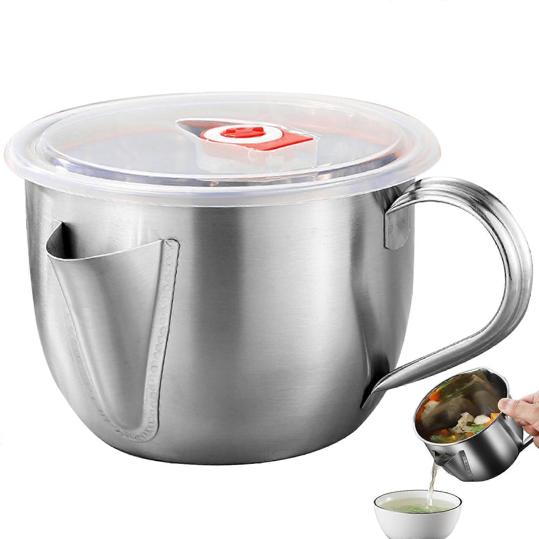 Fat Separator Jug 1L Food Grade Stainless Steel With Lid And Handle 2 Outlets Bacon Grease Container Kitchen