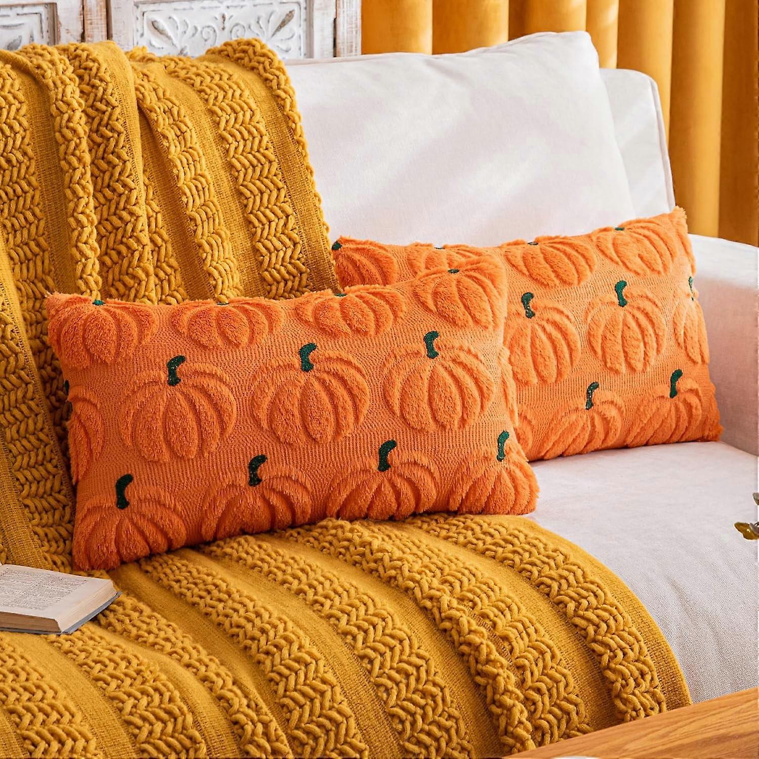 Pumpkin Fall Decorative Throw Pillow Covers 18"x18", Set of 2 Rust Red Soft Faux Fur for Autumn Harvest, Fluffy Plush Accent Pillow Cases