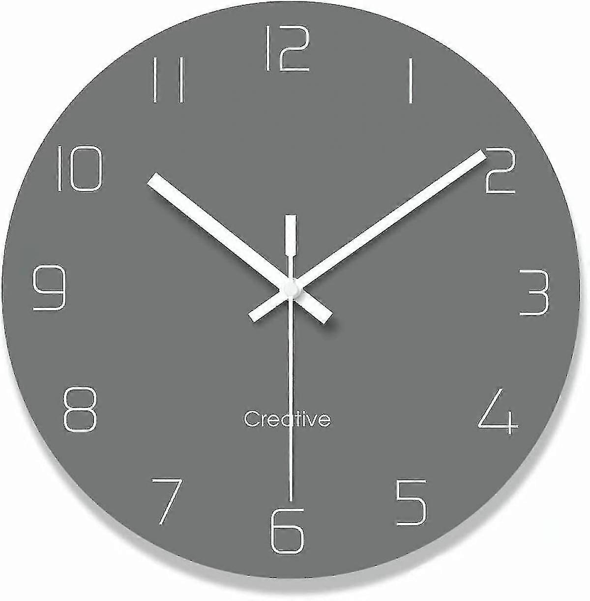キッチンモダン壁掛け時計(数字付き)、丸い壁飾り時計、リビングルーム用サイレントノンカチカチデジタル吊り下げガラス時計/12インチ - グレー