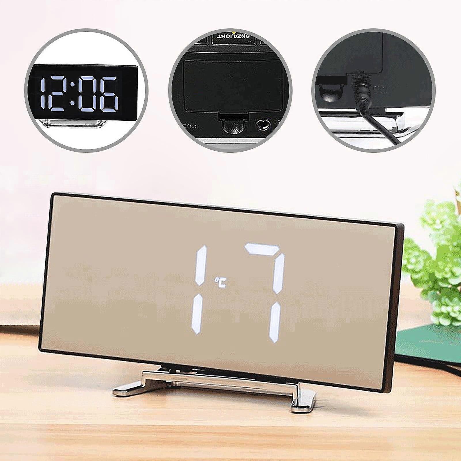 Jacenvly Black Tech Table Clock, Large LED Curved Screen, Digital Alarm Clock with Bright Lights, Compatible with Bedroom & Office