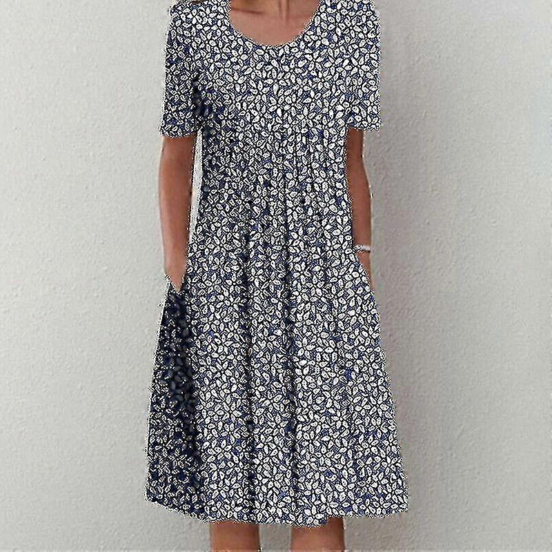 Kukkainen pyöreä kaula-aukkoinen lyhythihainen midimekko naisille - roikkuva taskulla ja laskoksilla