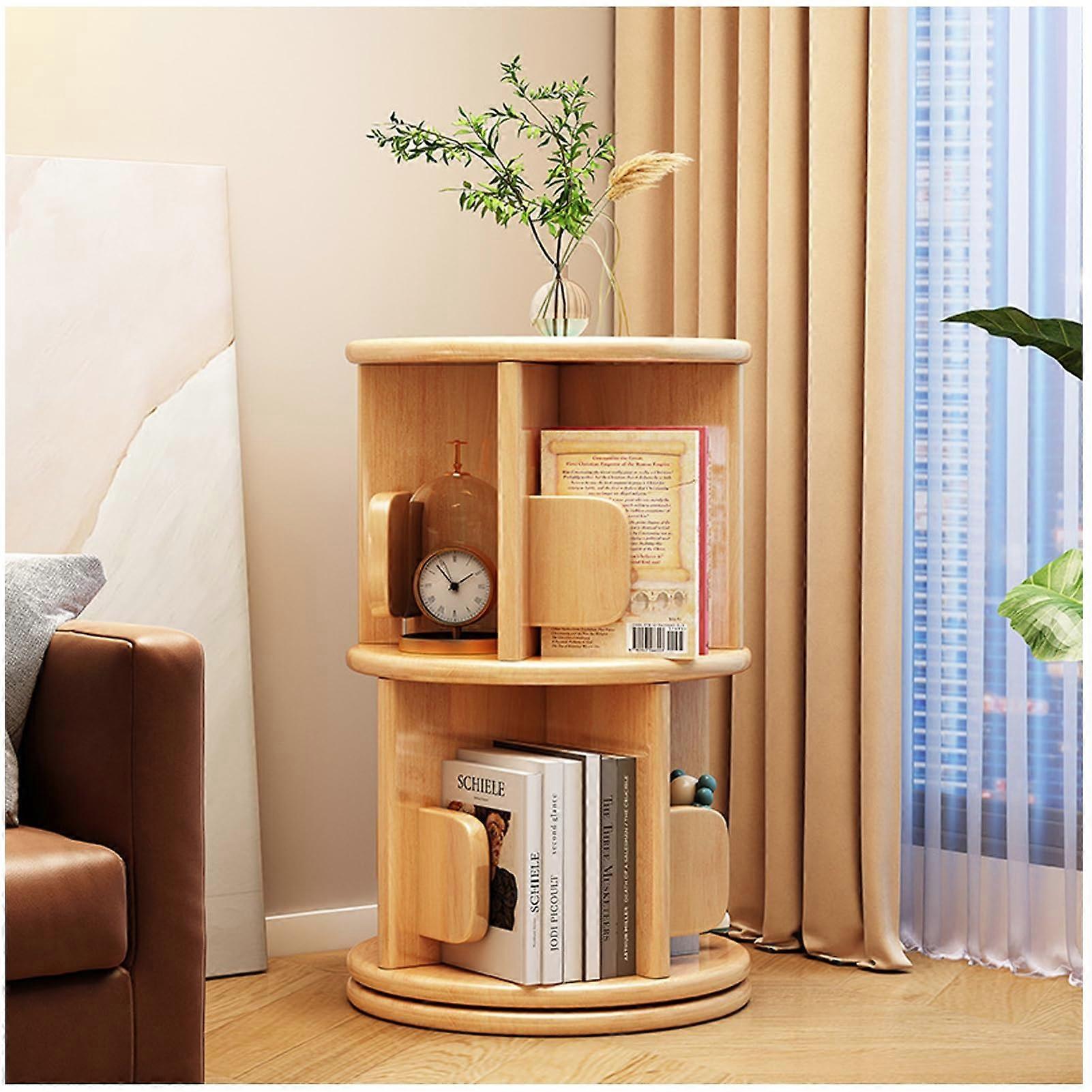 Rotating Corner Bookshelf Solid Wood 2 Tier End Table with Baffle for Living Room Bedroom Office
