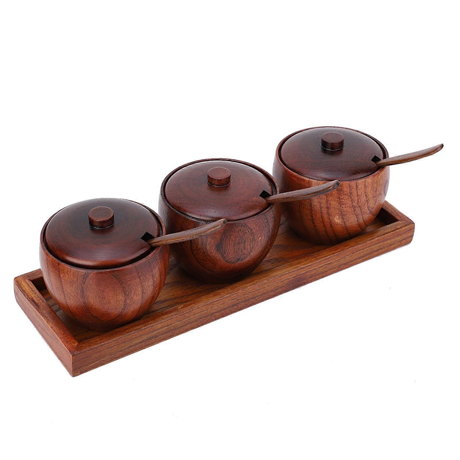 Set of 3 Wooden Salt Box and Spice Jars with Lid and Spoon for Rustic Kitchen Storage