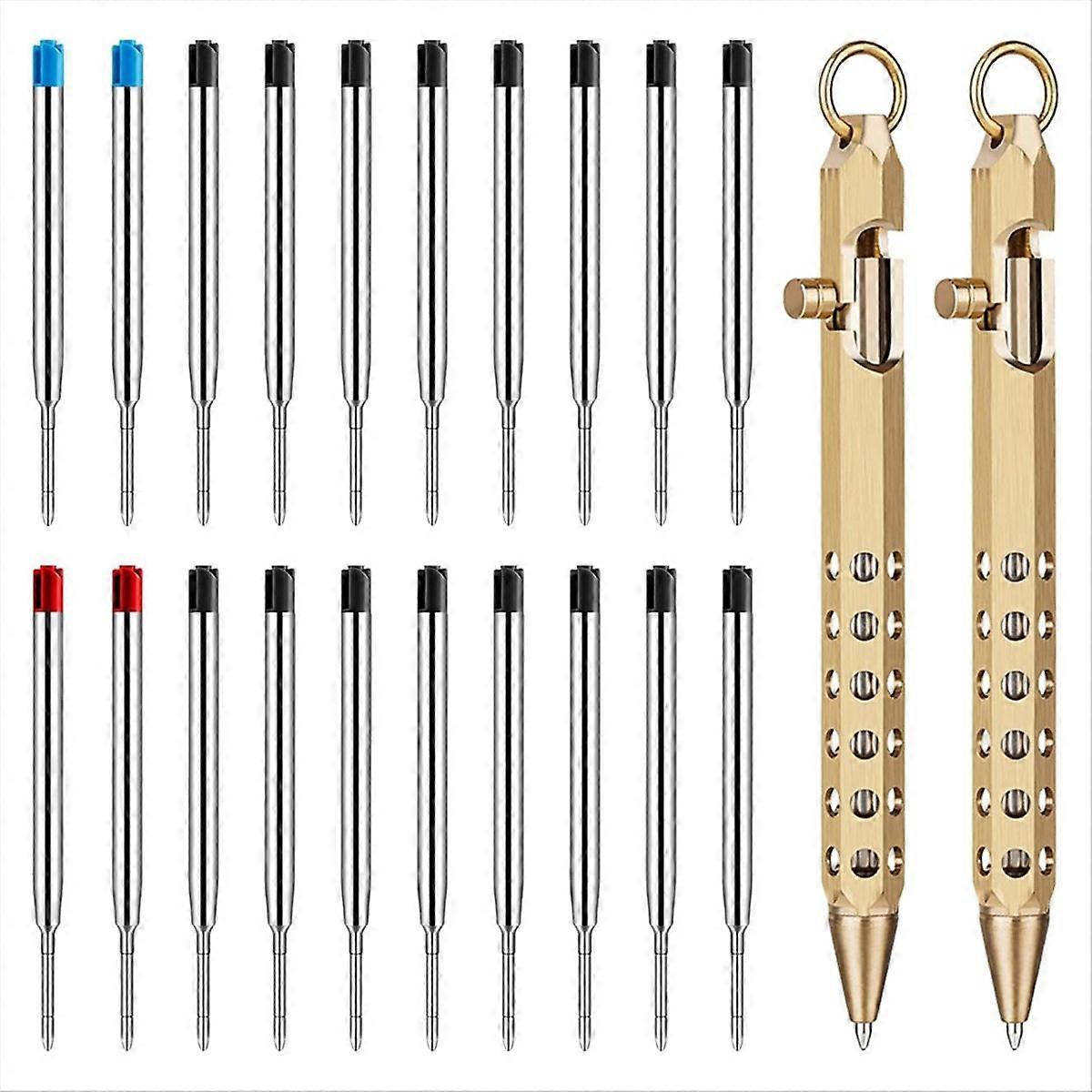 2Pack Bolt Action Pen Set, Hexagonal Solid Brass Pocket Pen with 20 Ballpoint Refills A