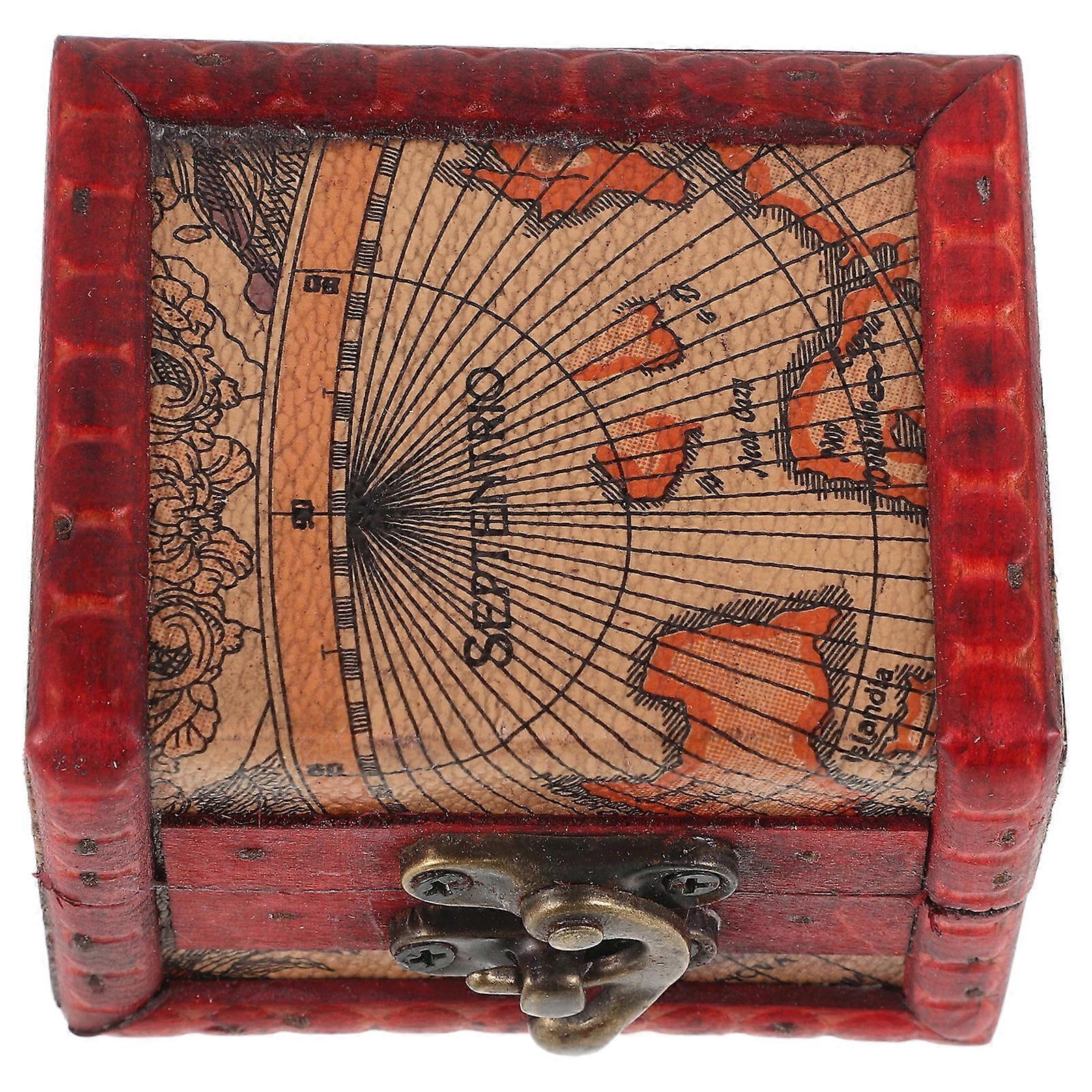 Wooden Jewelry Box with Map Pattern for Storage Retro Keepsake Box