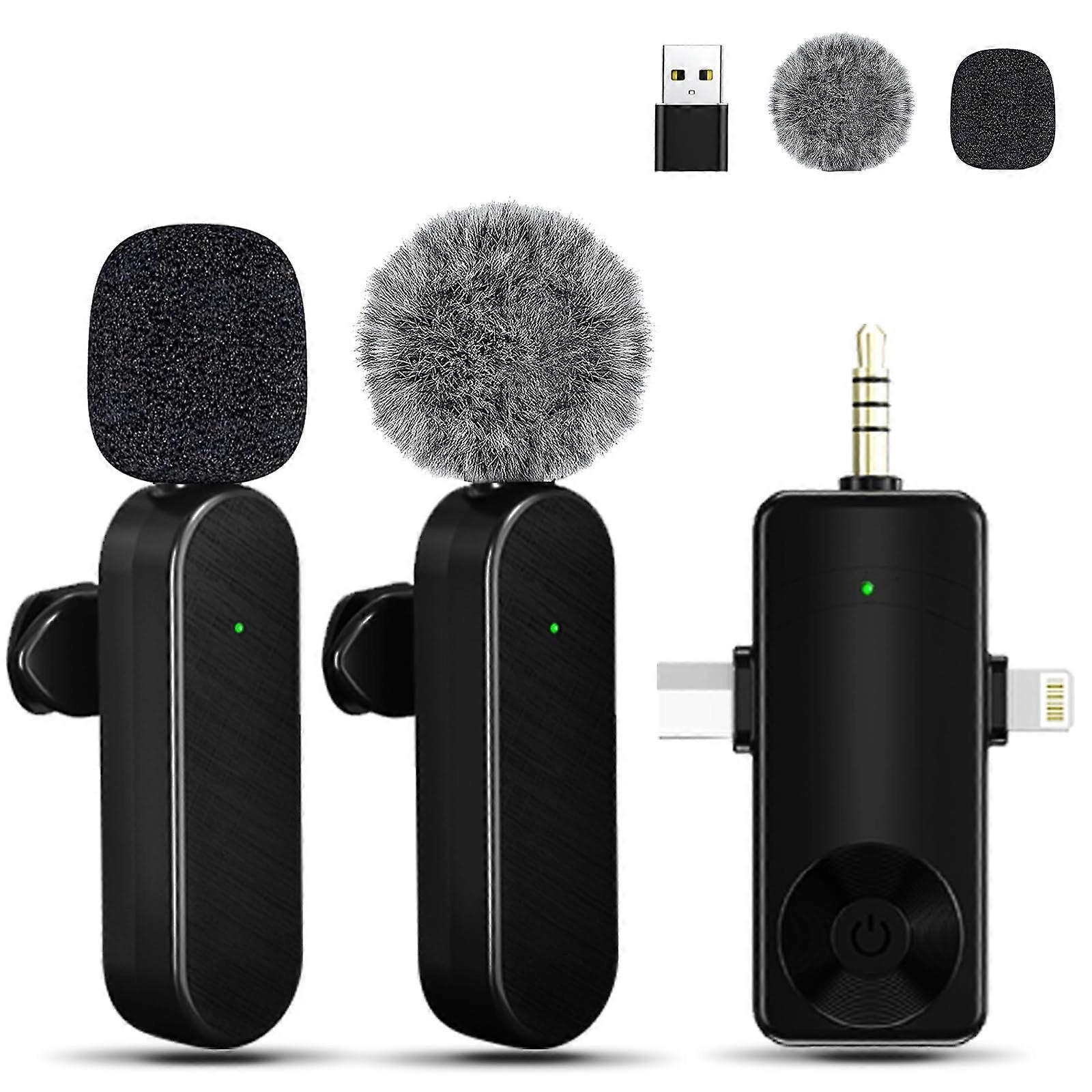 Wireless Lavalier Microphone for iPhone Android Camera, Dual Lapel Mic 4in1 Set with Noise Reduction