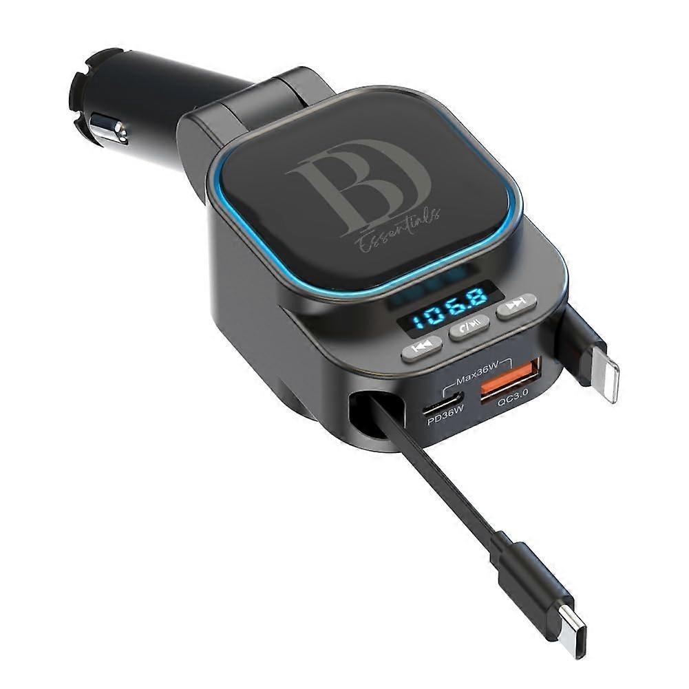 Bluetooth FM Transmitter with Bluetooth 5.3, 96W Fast Charging, Retractable USBC and Lightning Cables