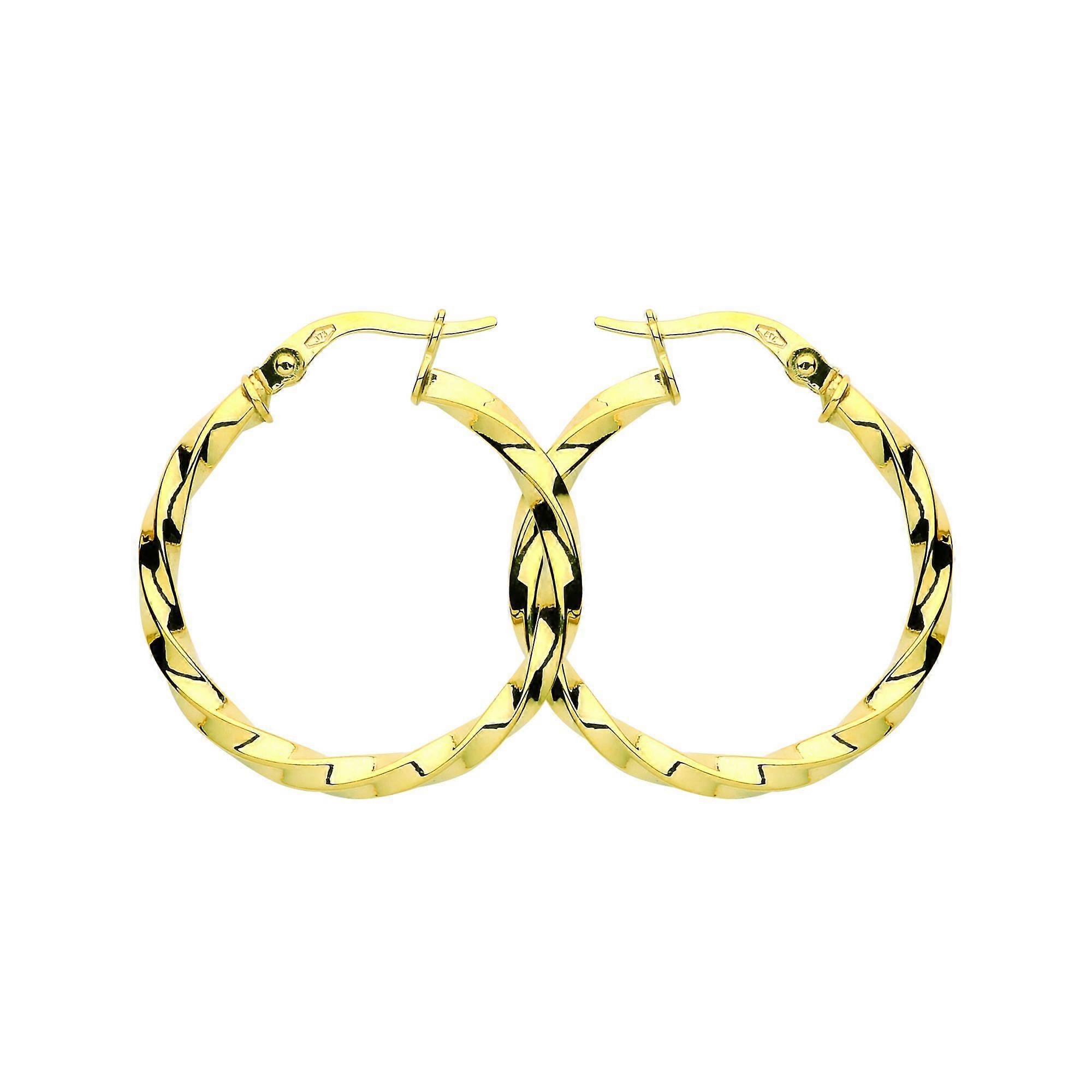 Jewelco London Ladies Yellow 9ct Gold Square Tube Twist Hoop Earrings 25mm 2.5mm