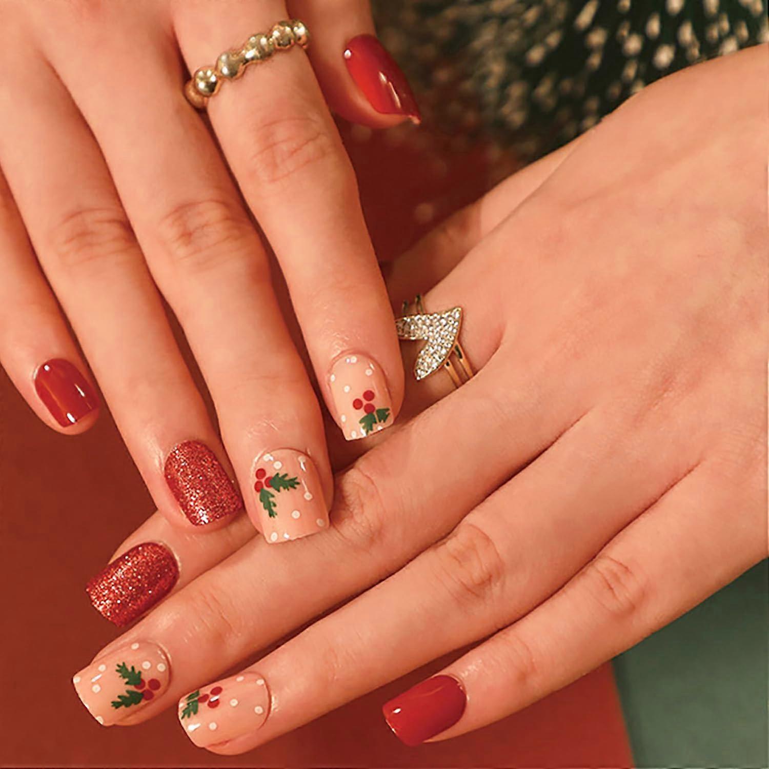 Short Nude Red Press On Nails Square Acrylic Fake Nails with Cherry Pattern Glitter 24Pcs